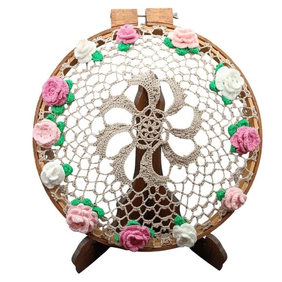 Vintage Handcrafted Framed Crochet Lace Doily Wall Hanging with Floral Accents - Picture 1 of 3